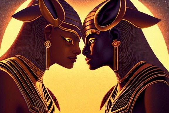 Anubis and Bastet Portrait in Art Nouveau Style