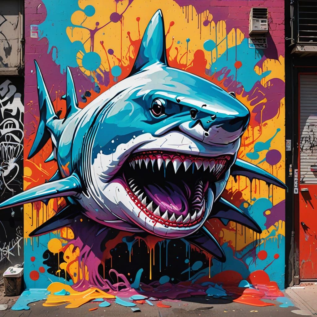 Urban Shark-Man Hybrid Dominates Beachside Graffiti Scene