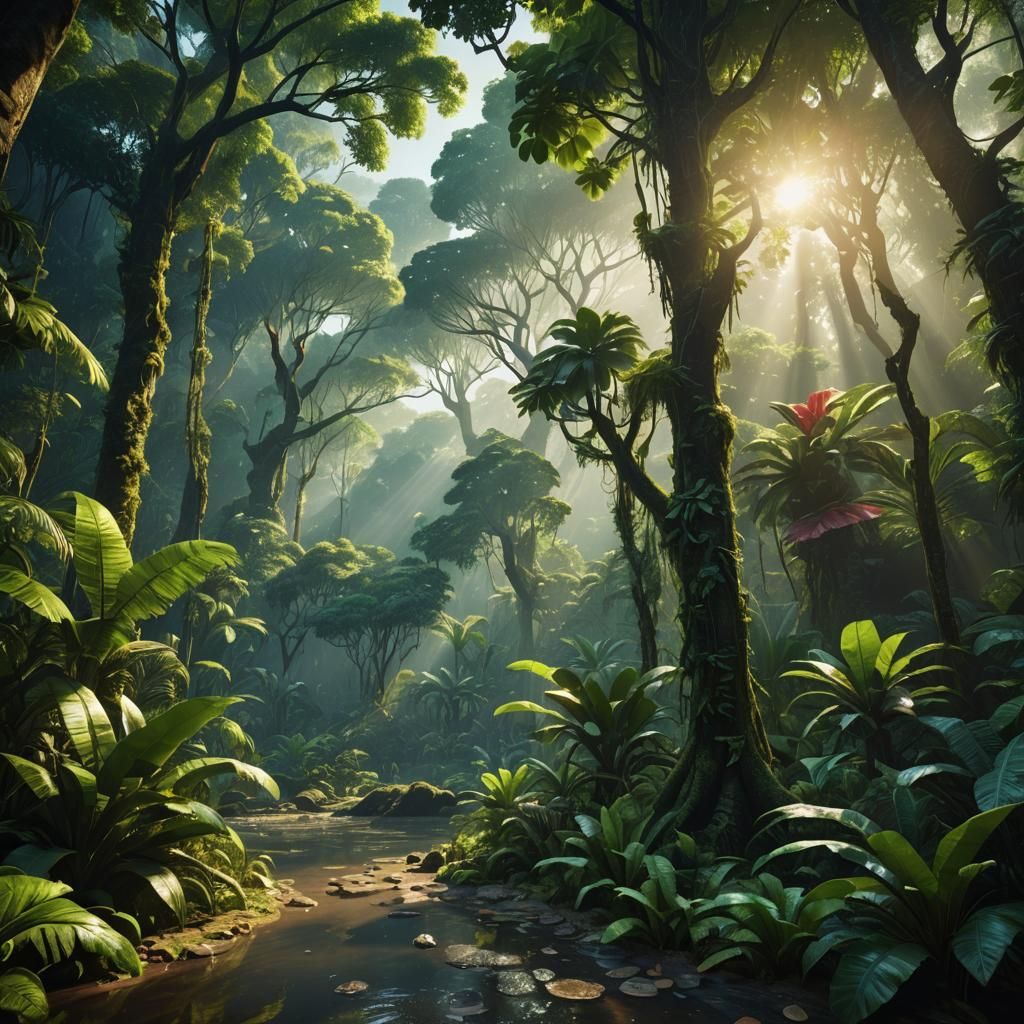 Tropical Rainforest Sunrise: Fantasy Concept Art