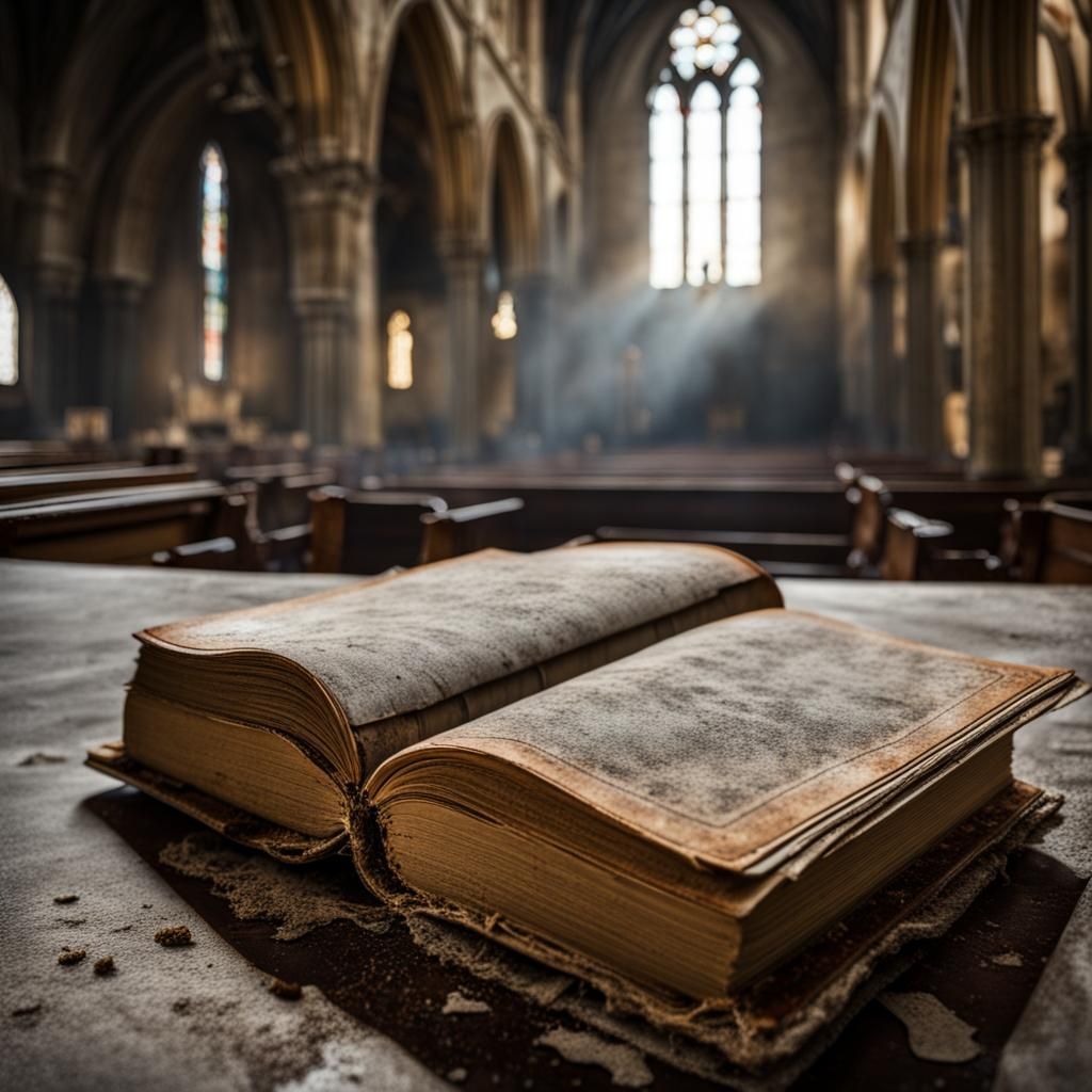 Ancient Book in Deserted Church with Cobwebs