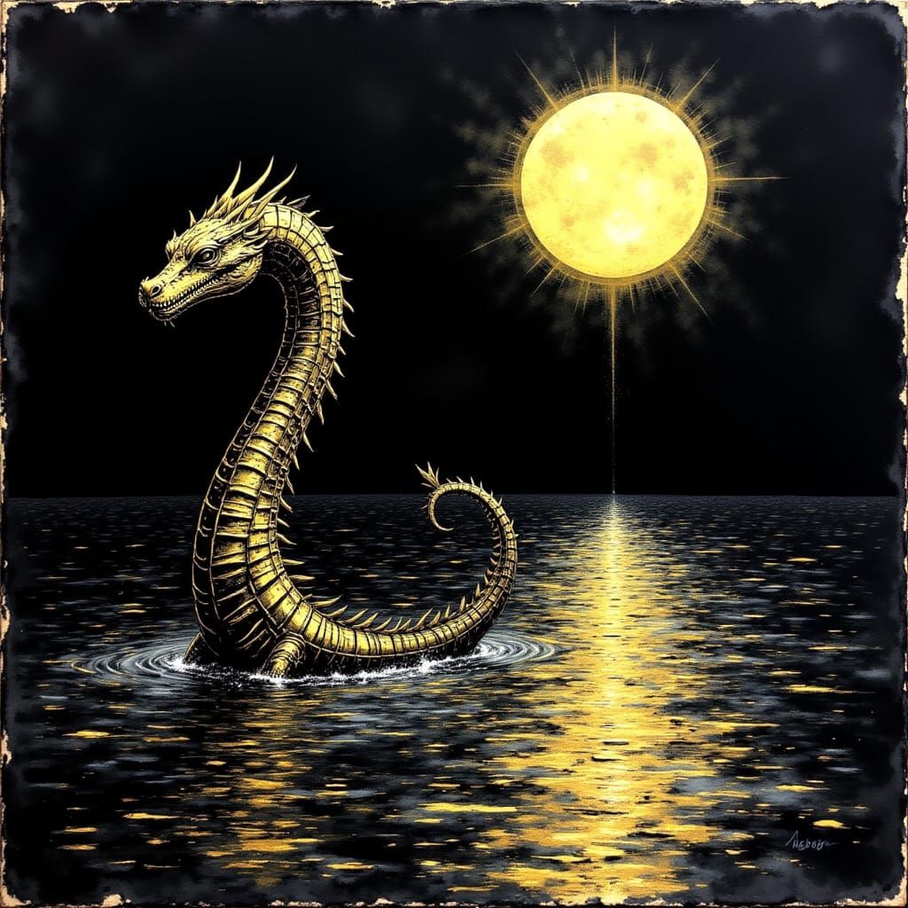 Loch Ness Monster Rises in Burnished Gold Watercolour