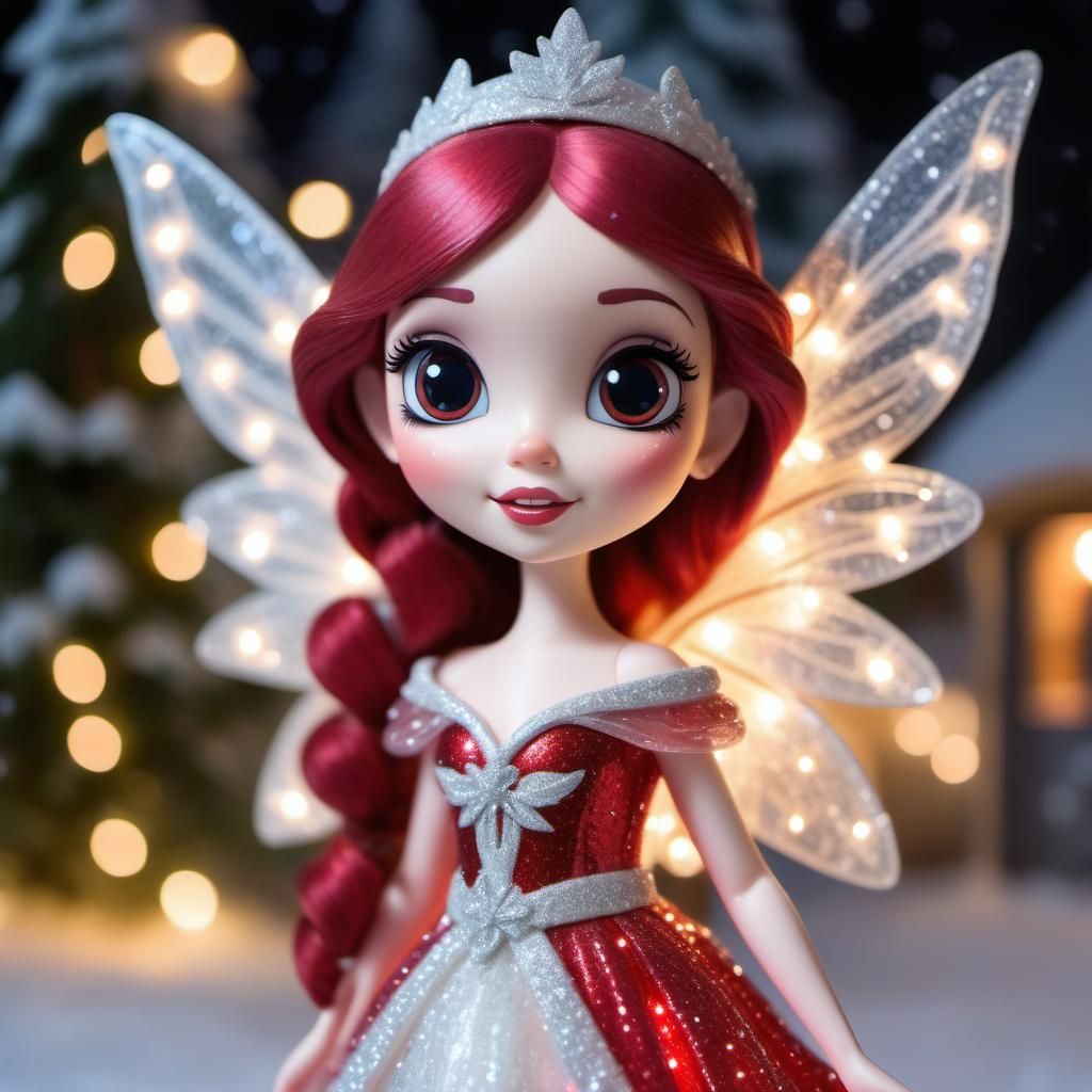 Twinkling fairy lights, Disney Pixar style 3D beautiful and elegant Fairy Princess, wearing a glittery and sparkly red a...