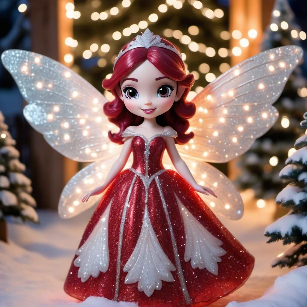 Twinkling fairy lights, Disney Pixar style 3D beautiful and elegant Fairy Princess, wearing a glittery and sparkly red a...