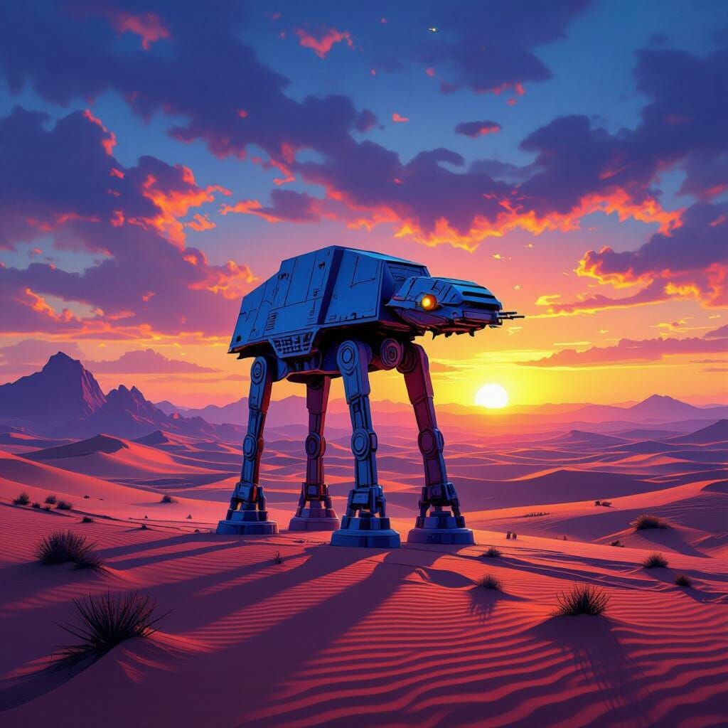 AT-AT Walker on Alien Desert Under Binary Sunset