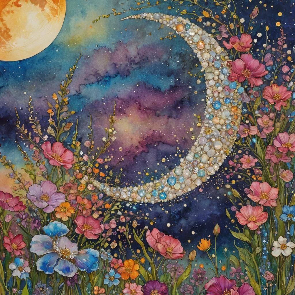 Luminous Springtime Moonlit Tapestry in Impasto Art
