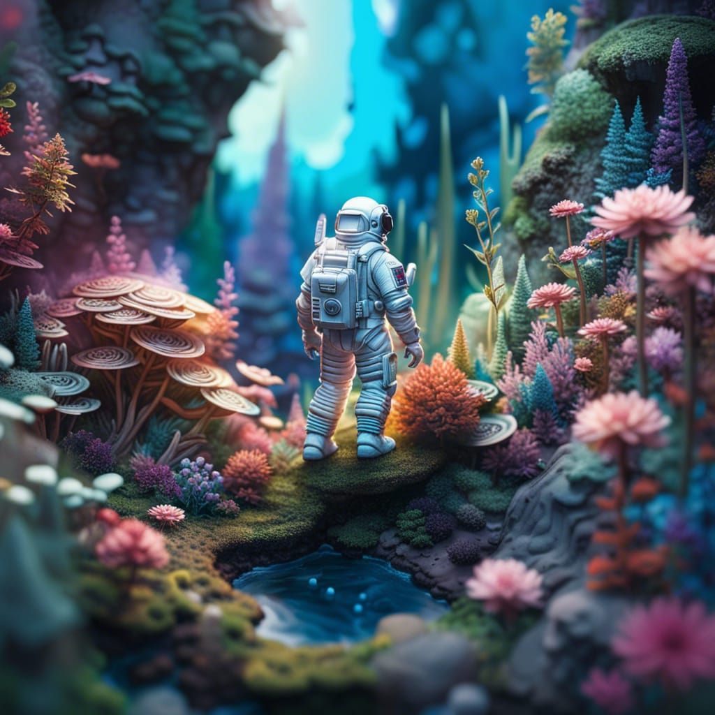 Astronaut in Fairy Garden: Tilt-Shift Digital Art