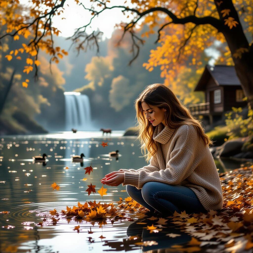 Melancholic Autumn Scene with Woman and Ancient Trees