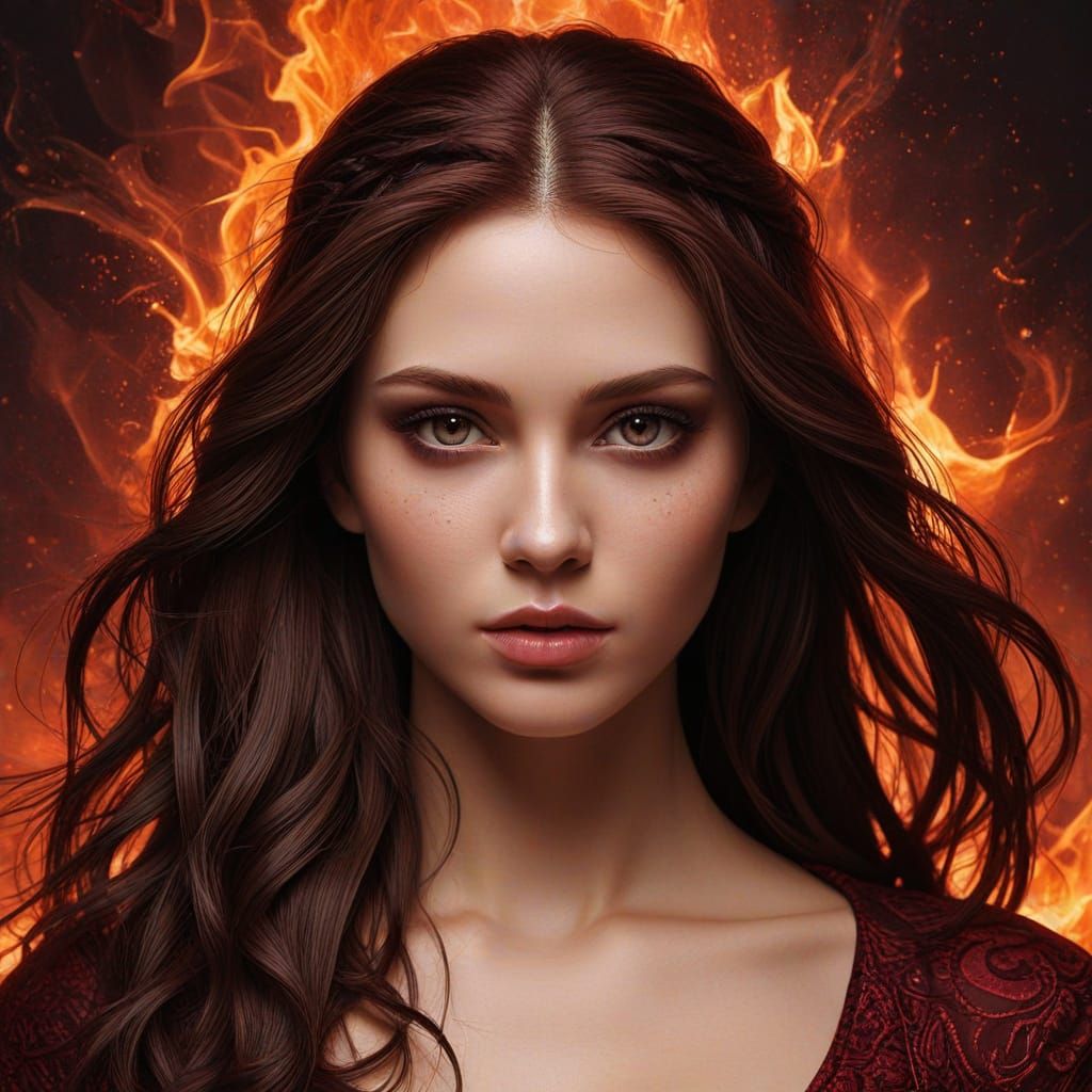 Dystopian Fire Goddess with Auburn Hair as Oil Painting