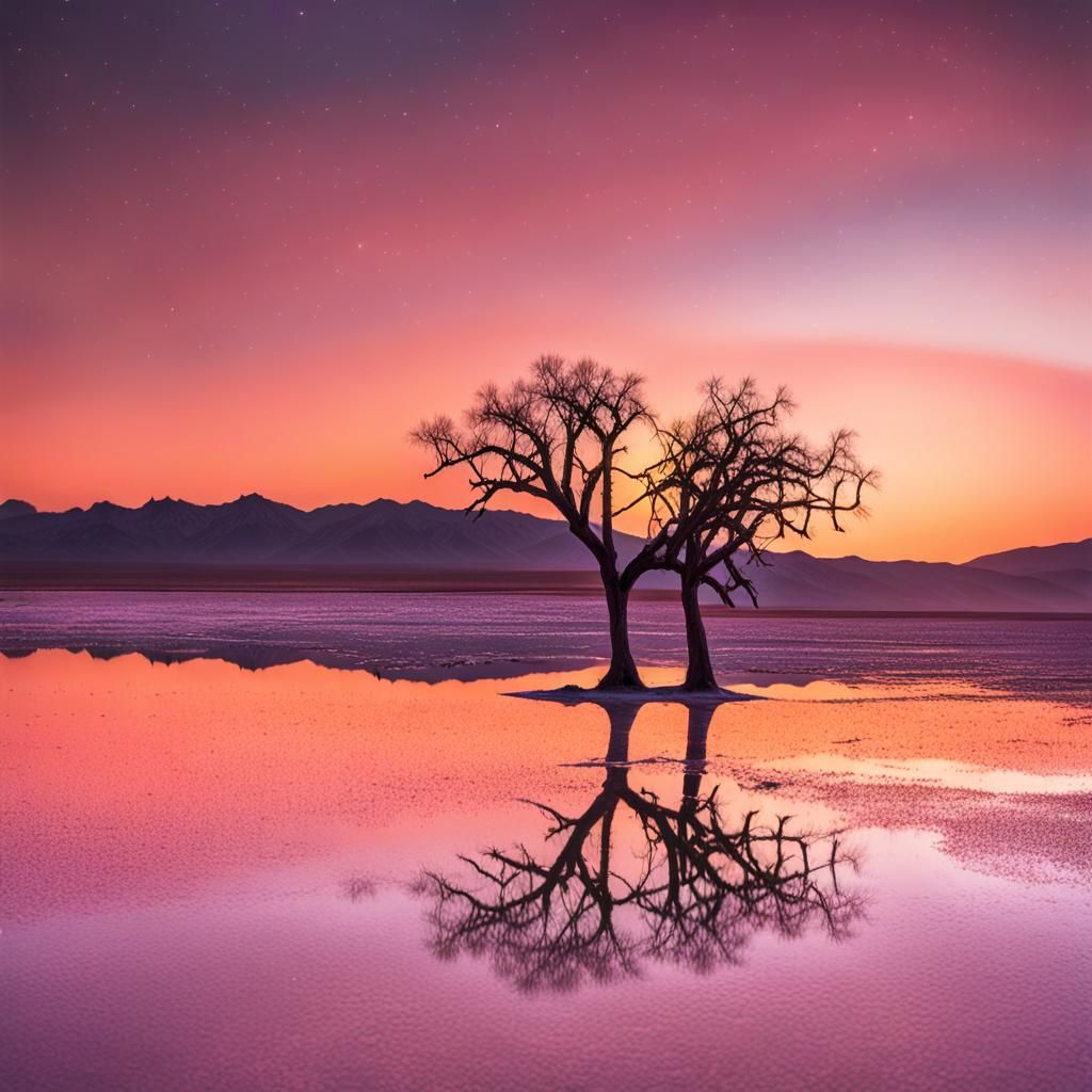 Majestic Sunset Reflection on Salt Flats Photography