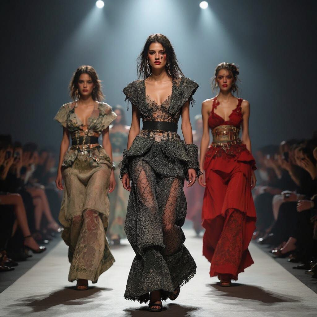 Tattered Couture Models on Catwalk: Hyperrealistic Horror