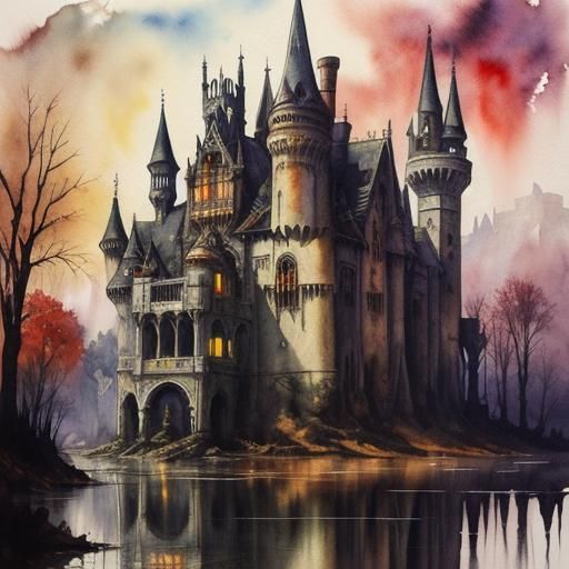 Creepy Abandoned Castle in Watercolor Gothic Horror Style