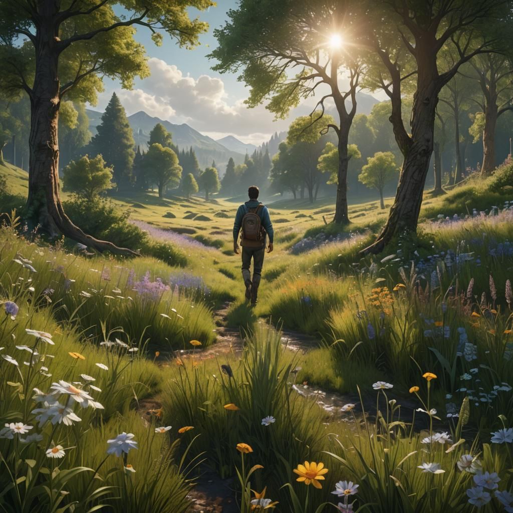 Painter Contemplates Sunny Meadow: Detailed Matte Painting