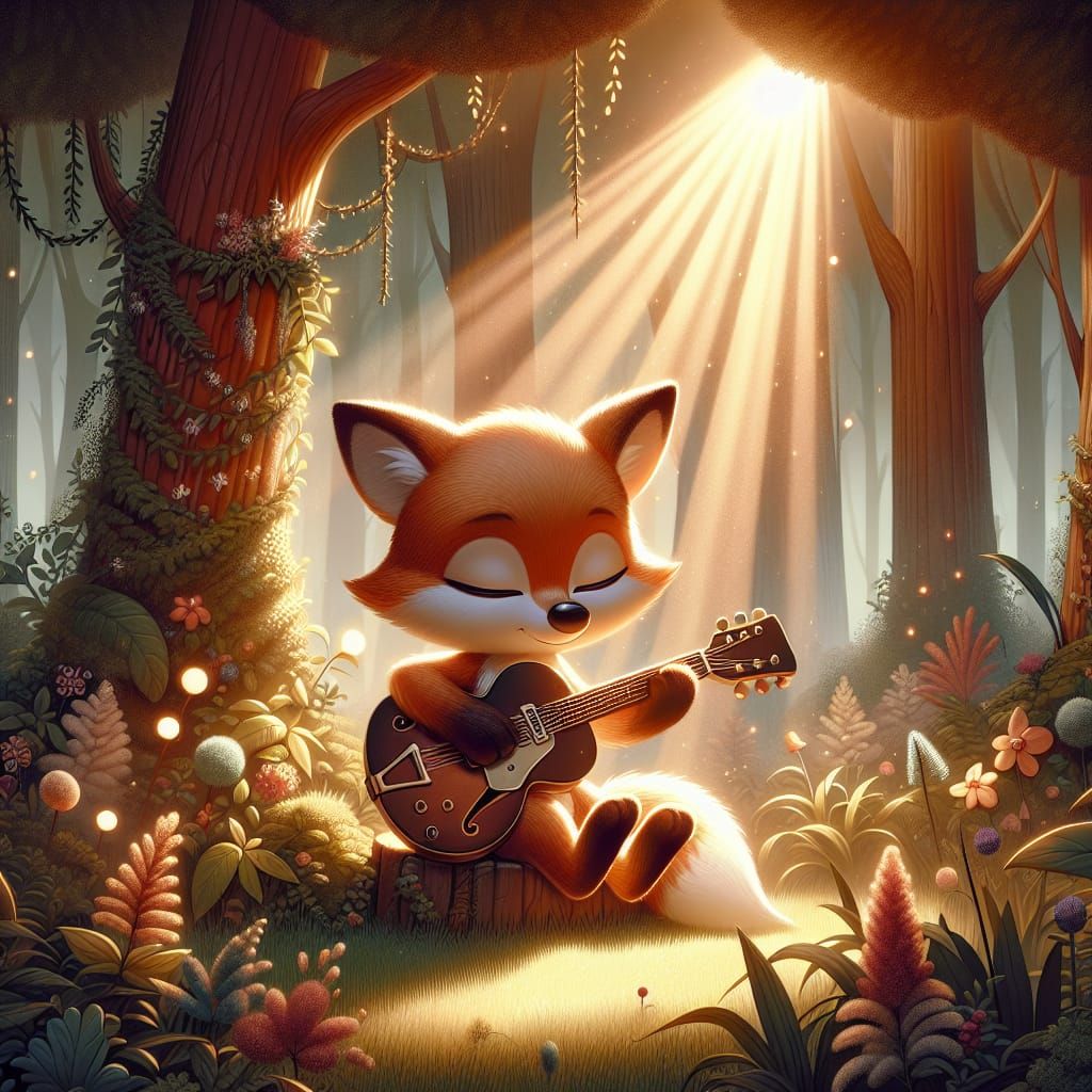 Fox Plays Jazz Guitar in Enchanting Forest