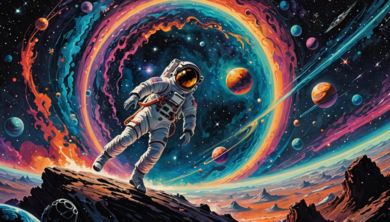 Astronaut Gazing at Galaxy in Retro Illustration