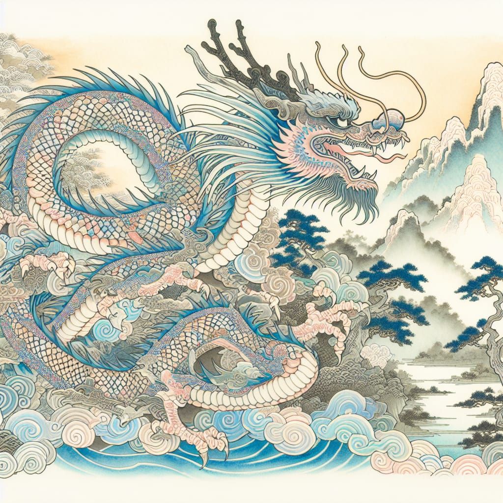 Pastel Dragon in Japanese Watercolour Landscape