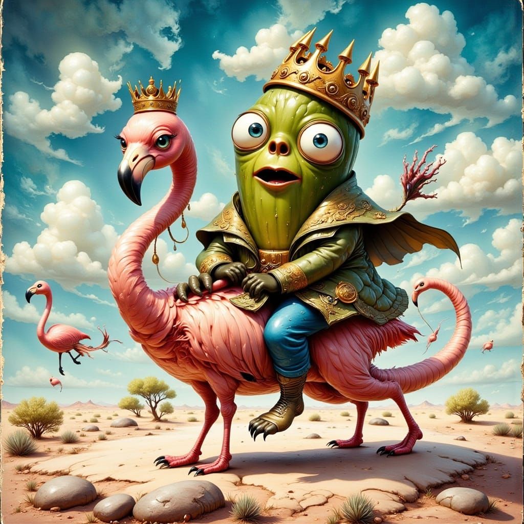 Whimsical Pickle Rides Flamingo in Desert Chaos