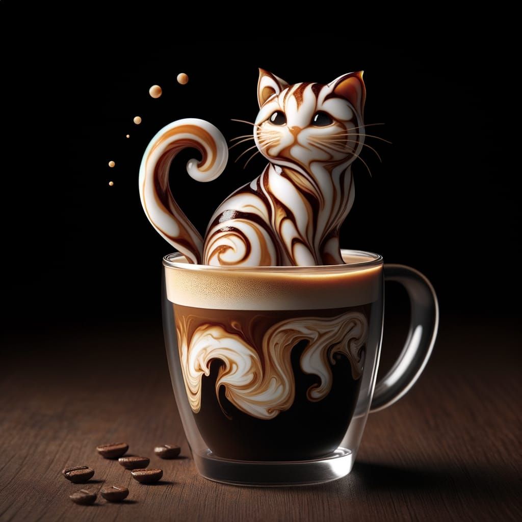 Coffee Cat Emerges from Tumbler with Milk Swirls