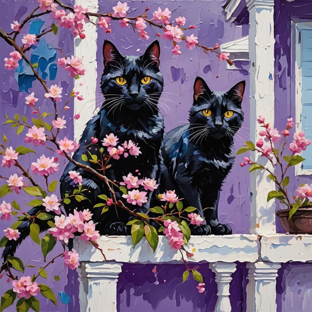 Black Cat with Cherry Blossoms: Impasto Painting