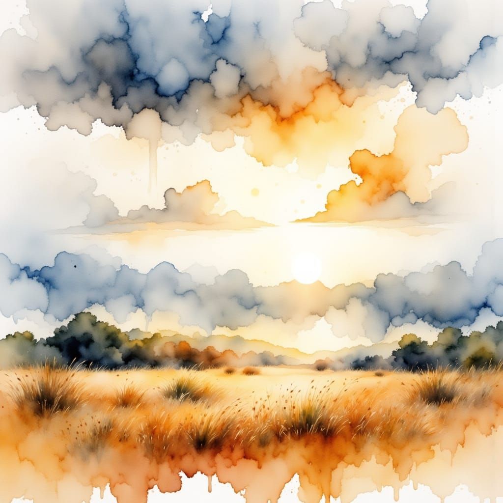 Watercolor Savanna Sunset Cloudscape