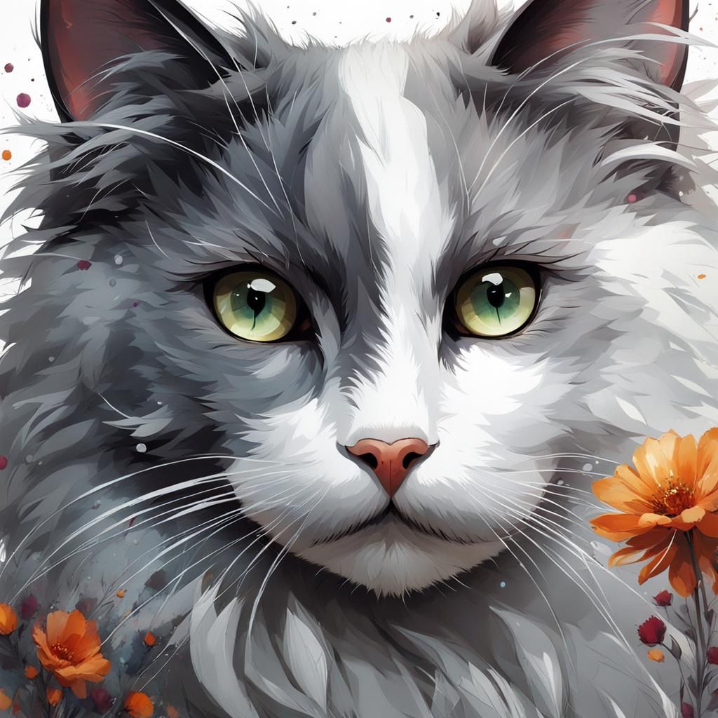 Beautiful Fluffy Cat with Floral Background