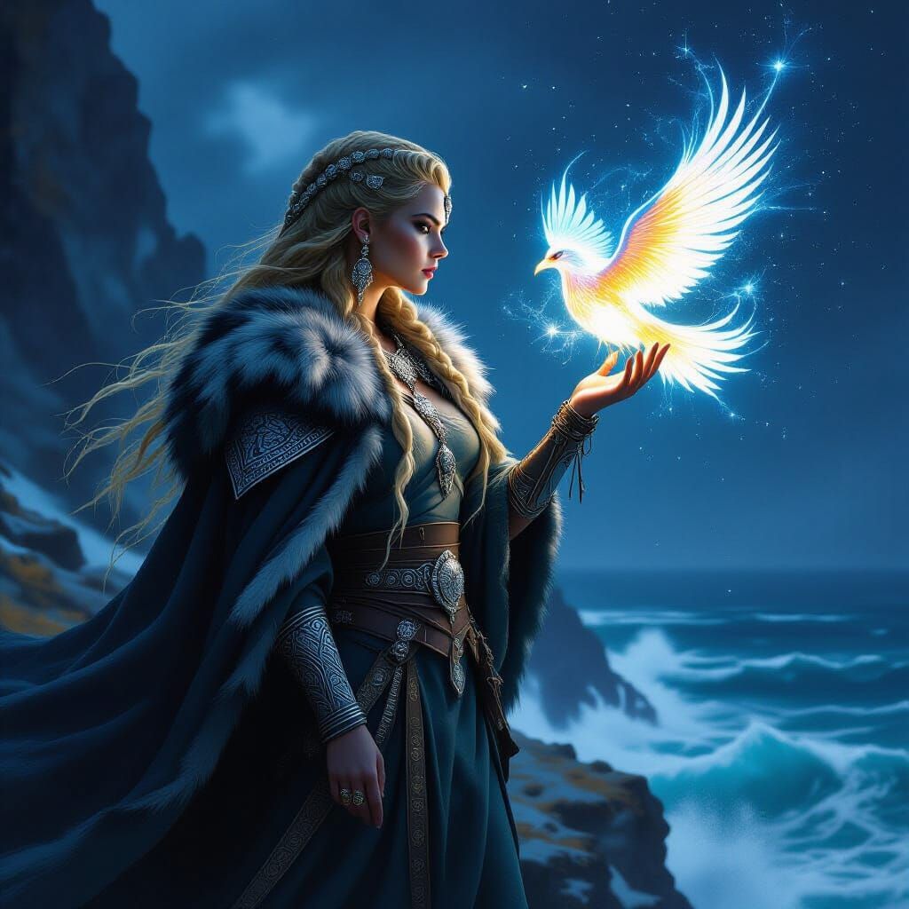 Viking Woman Holds Cosmic Bird on Starry Ocean Cliff