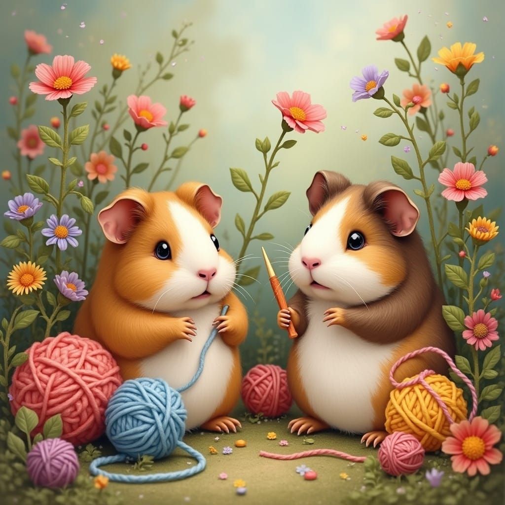 Whimsical Guinea Pigs Amidst Blooming Garden
