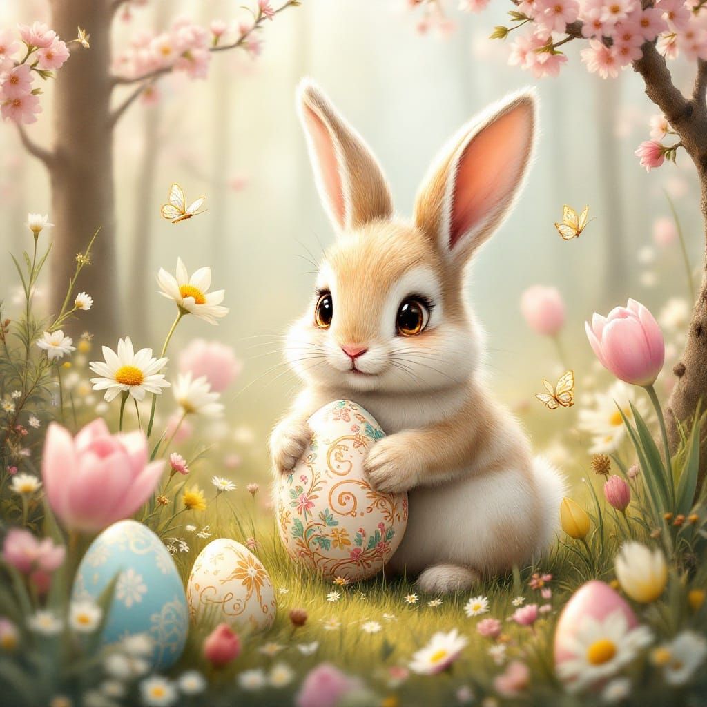 Whimsical Easter Bunny in a Blooming Woodland Wonderland