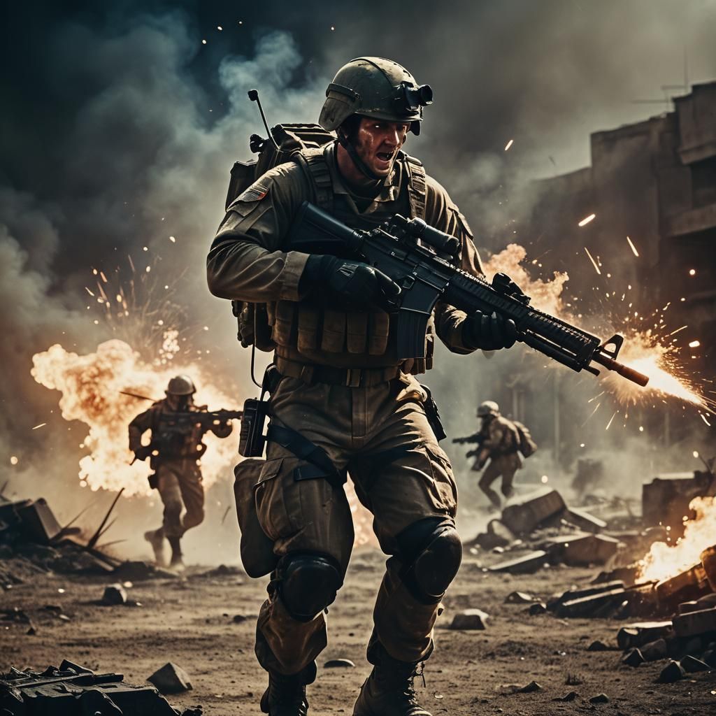 Centaur Soldier Fires Machine Gun: Cinematic Battlefield Sce...