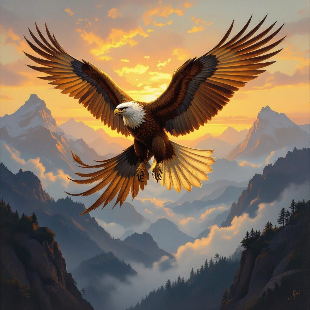 Griffin Soaring Over Misty Mountains in Oil Painting Style