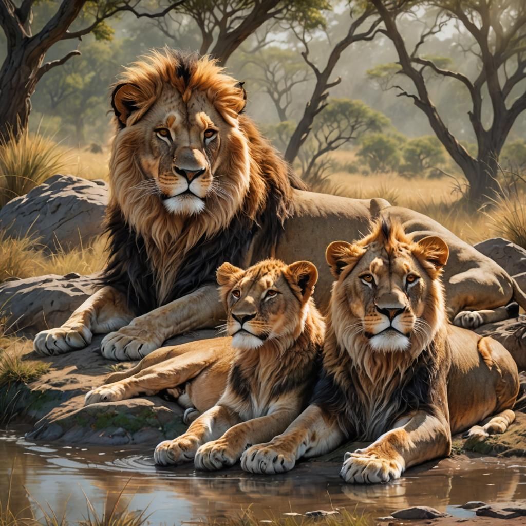 Lion with Cubs in the Grasslands: Realistic Detail