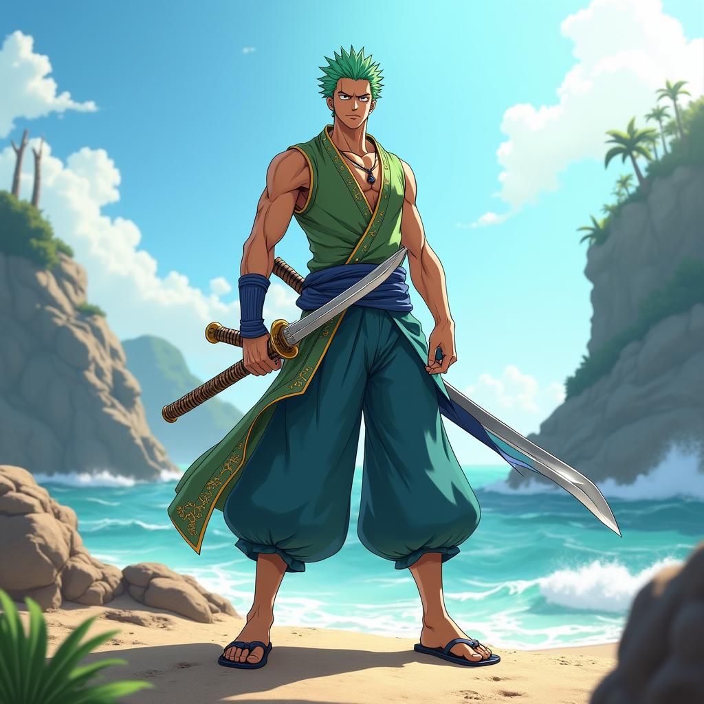 Roronoa Zoro: Three Swords Style on Ocean Shoreline