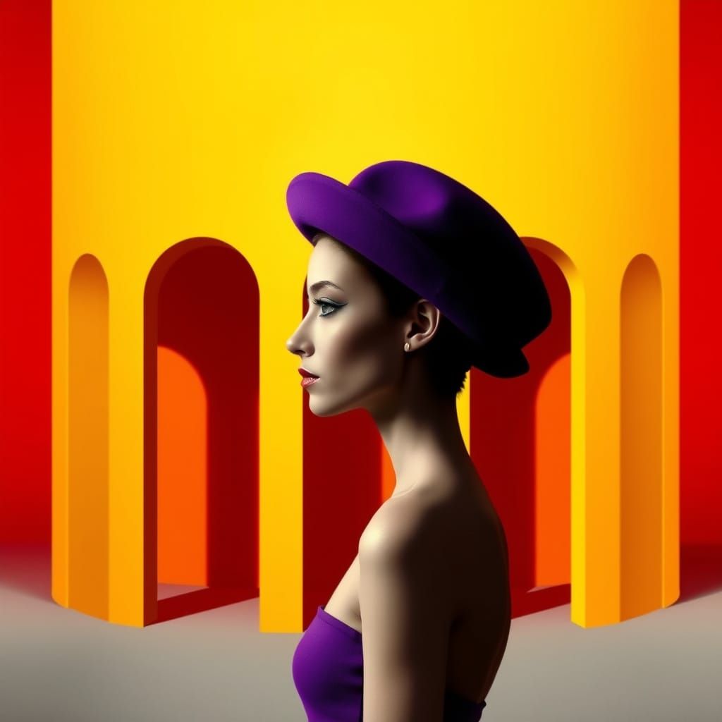 Surreal Woman in Yellow Hallway with Arched Doorways