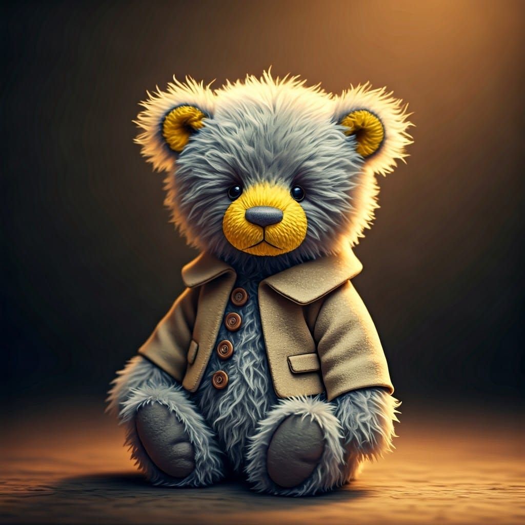 Whimsical Teddy Bear with Yellow Face and Gray Fur
