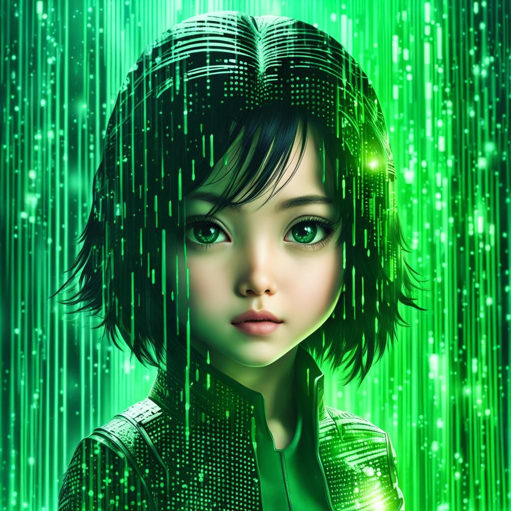 Angel Alita in Matrix Digital Rain, Cyberpunk Movie Poster