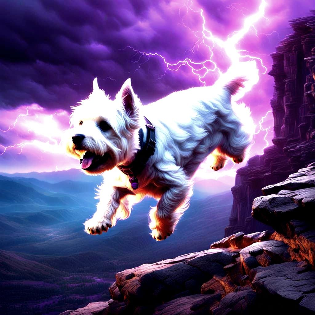 Westie Leaps Between Cliffs in Lightning Storm