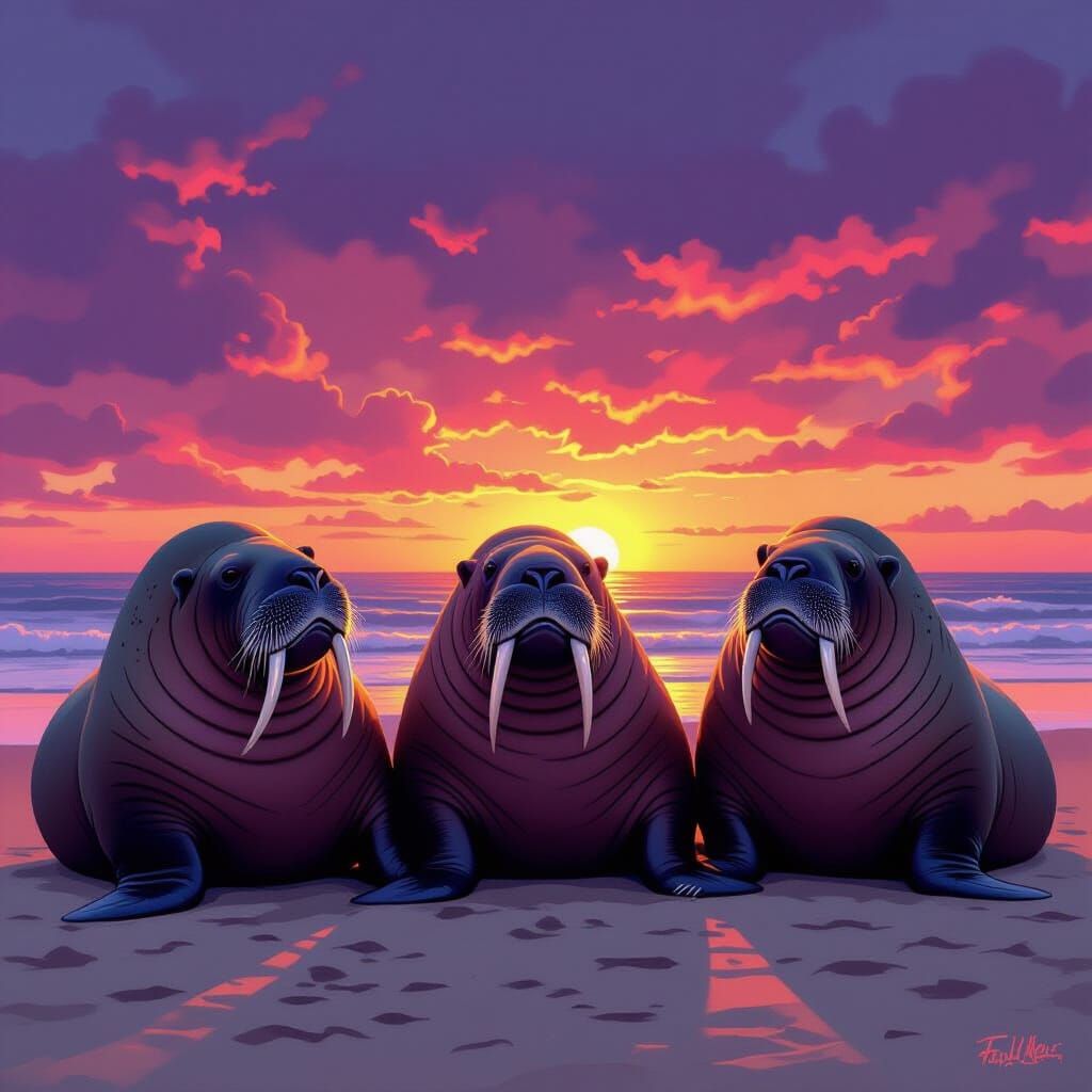 Three Walruses Relaxing on Beach at Dusk in Frida Kahlo Styl...