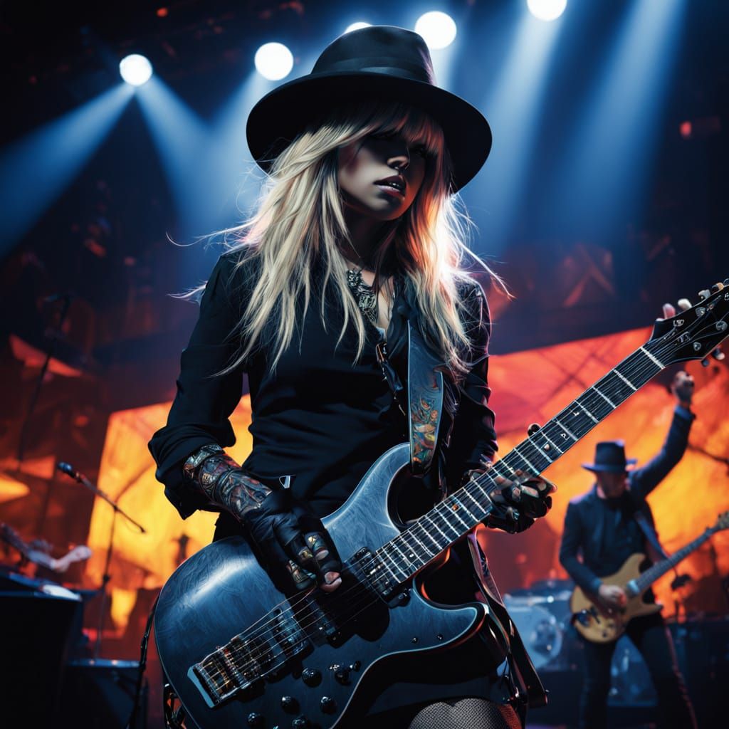 Dynamic Concert Photo of Guitarist in Rock Goddess Style