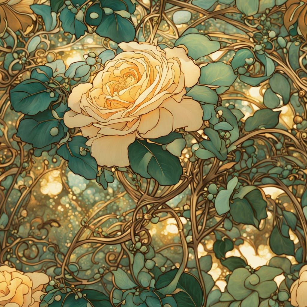 Art Nouveau Rose in Sunlit Forest