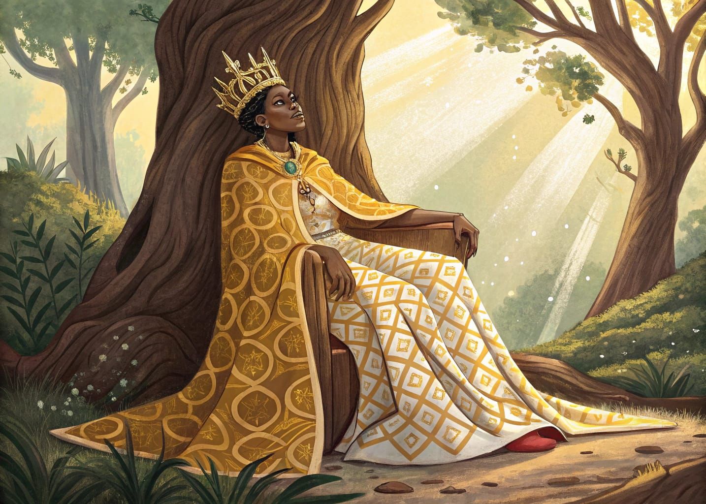 Majestic Queen on Ancient Throne in Enchanted Forest