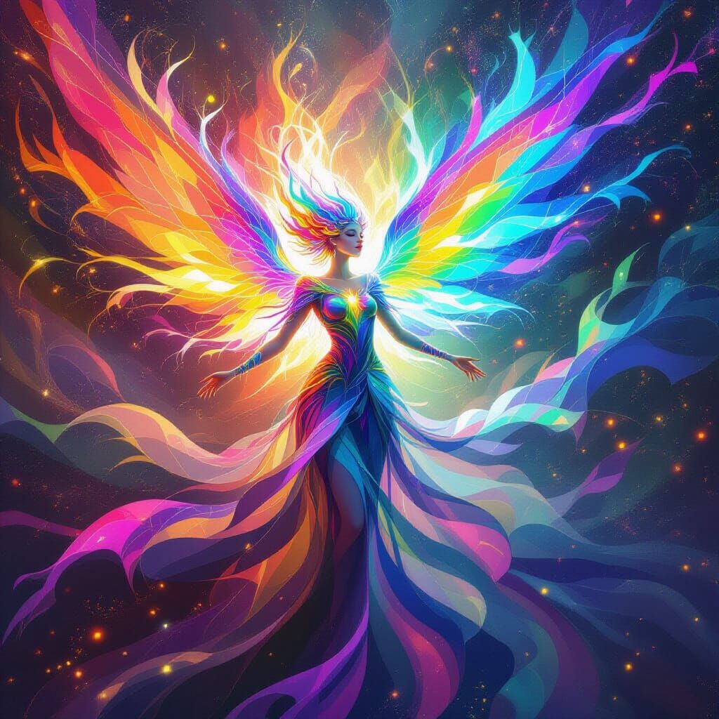 Prismatic Creature in Rainbow Flames: A Digital Painting