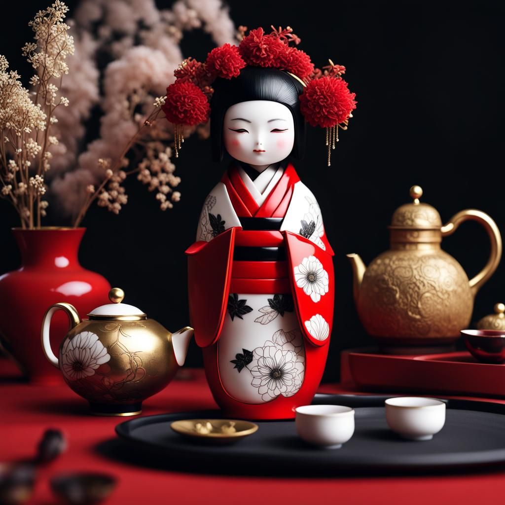 Elegant Kokeshi Doll with Tea Set in Ukiyo-e Style