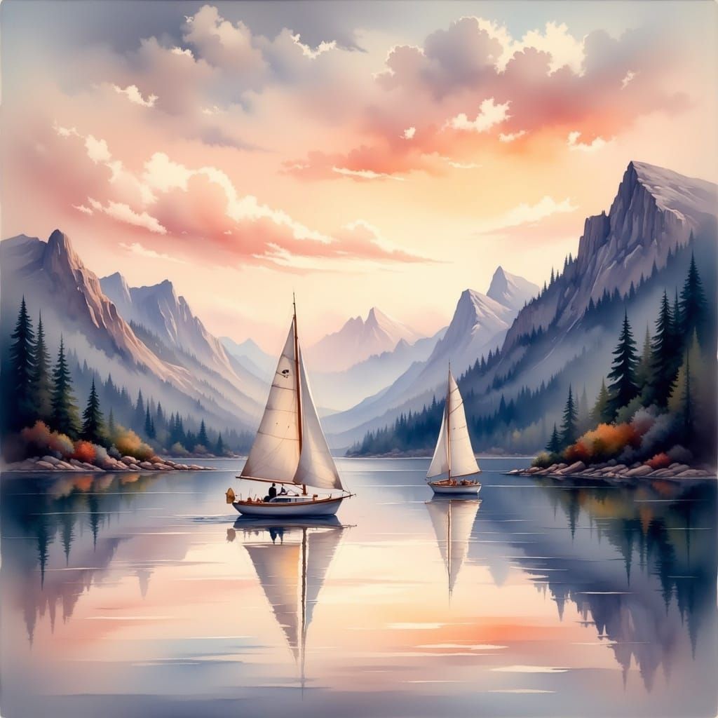 Sailboats on Mountain Lake at Sunset in Watercolor Style