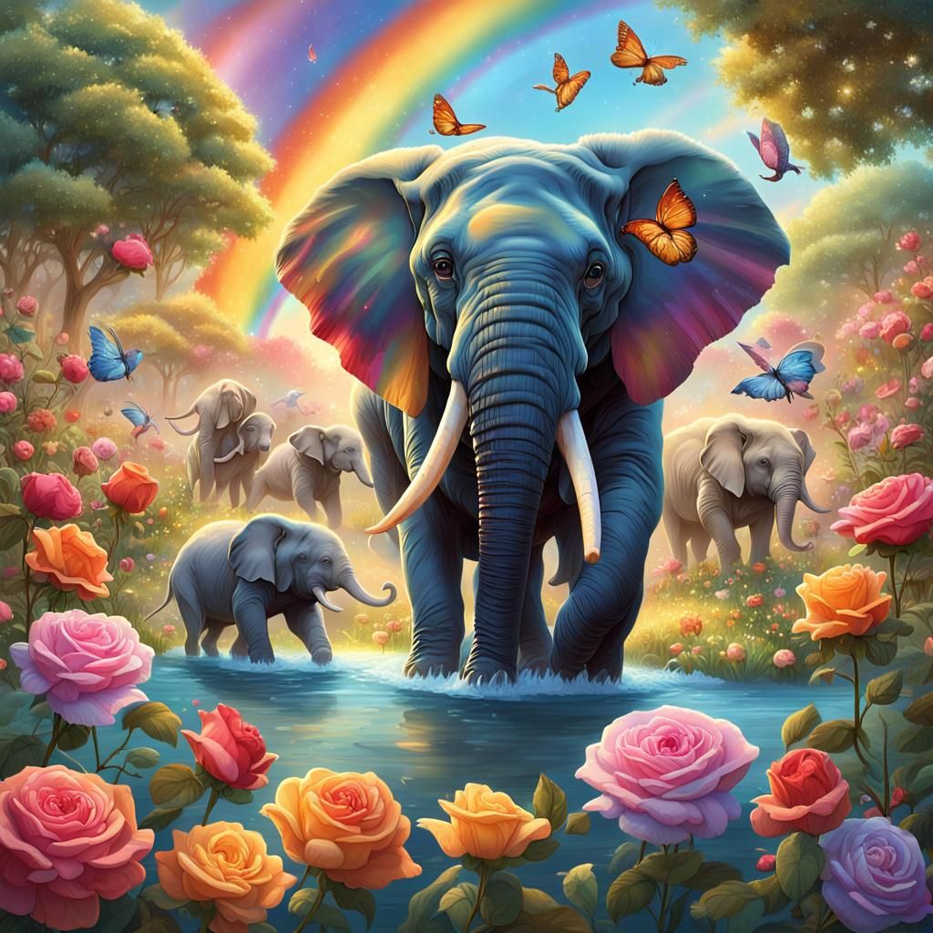 Animal Babies Play in Rose Garden, Matte Painting