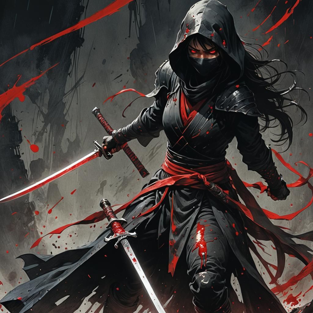 Bloody Ninja with Red Sword in Comic Book Style