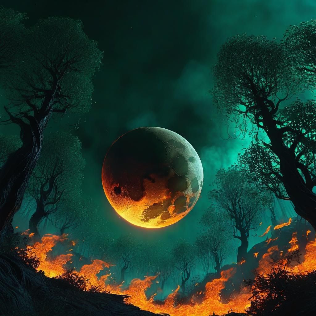 Black Moon Over Mystical Wildfire: Fantasy Art