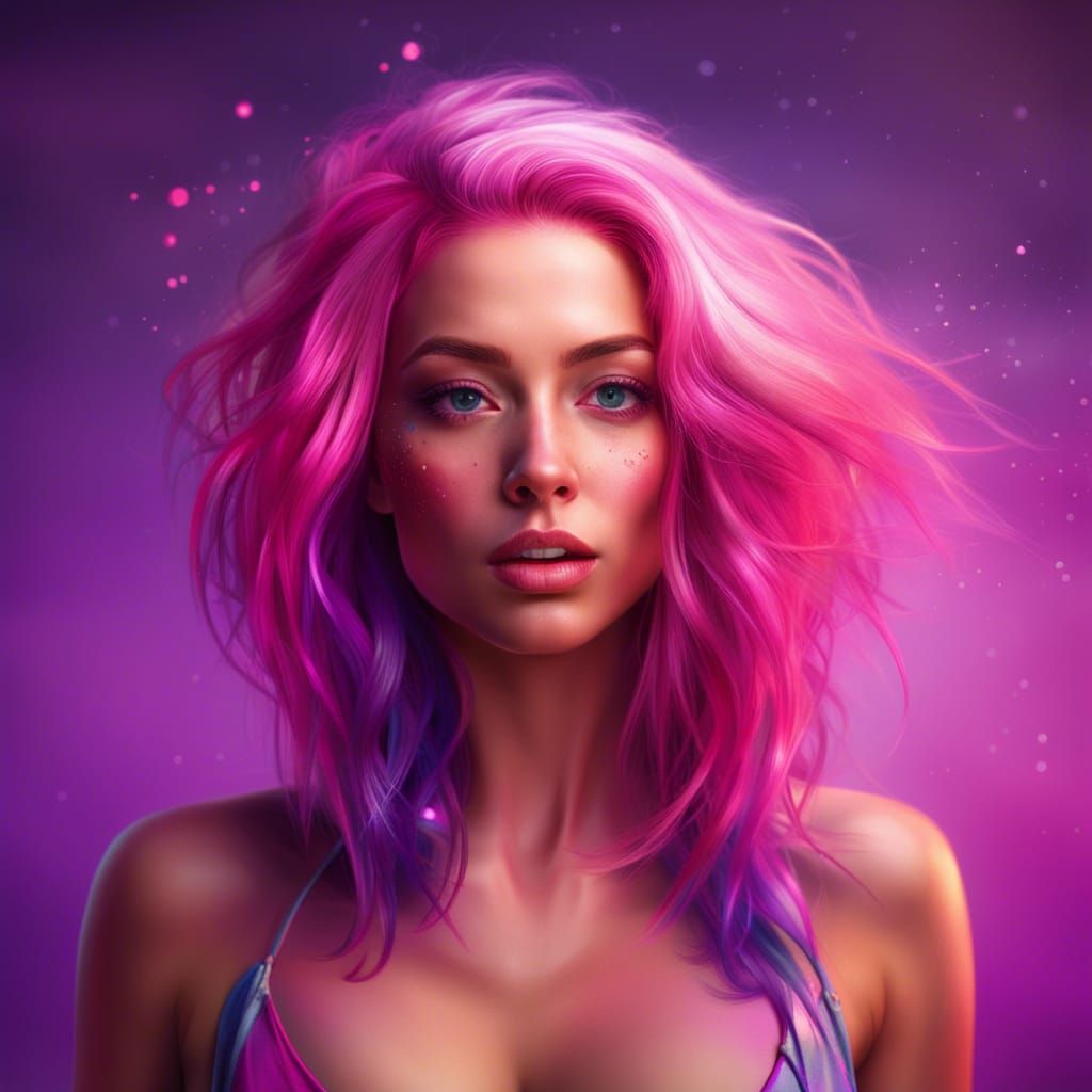 Pink and Purple Haired Model in Splash Art Style