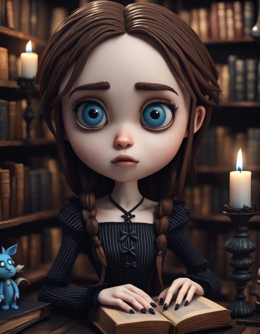 Anime Chibi Girl in Gothic Bookstore