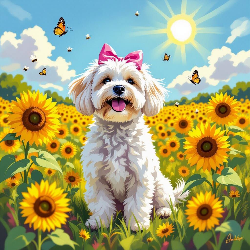 Happy White Dog in Sunflower Field with Butterflies
