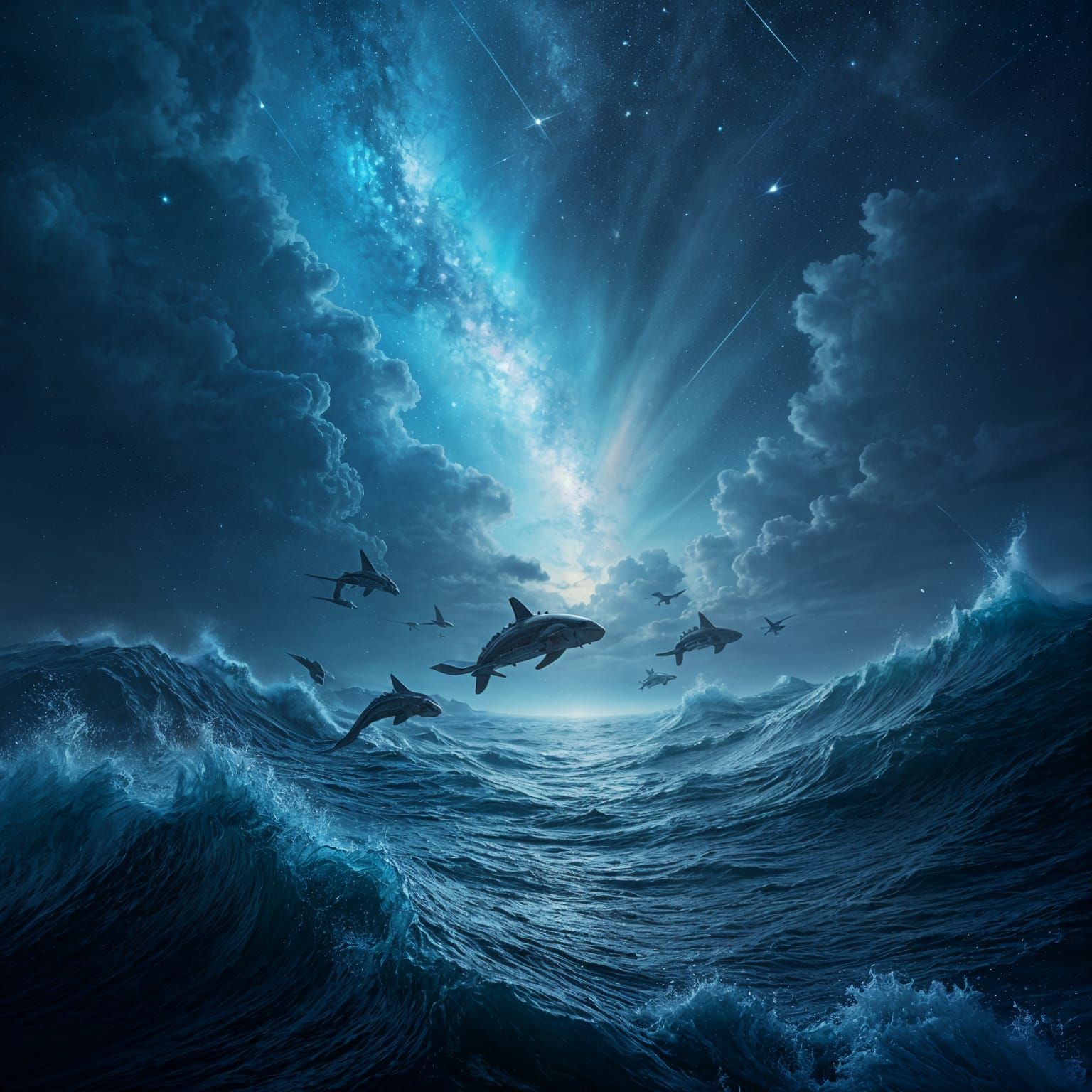 Cosmic Meteor Shower above Pacific Waves