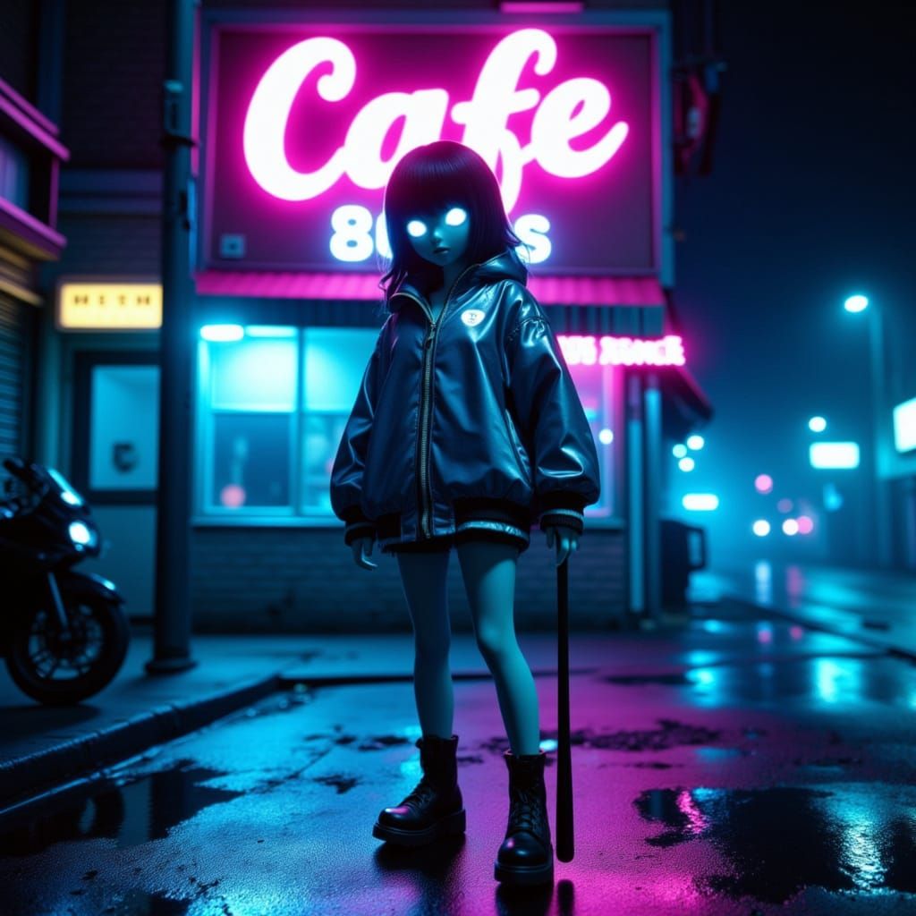 Gothic Girl Stands Under Neon Café Sign in Rainy Cityscape